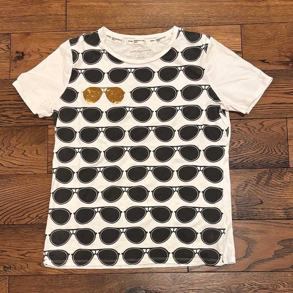Karl Lagerfeld White Tee with Black and Gold Sunglasses Print